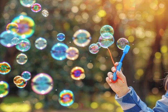 In a park, a man uses a bubble wand to blow colorful bubbles.