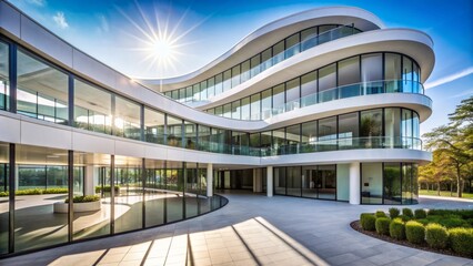 Sleek modern architecture features curved white walls, flooded with natural light, blending seamlessly between indoor and outdoor spaces on a sunny day.