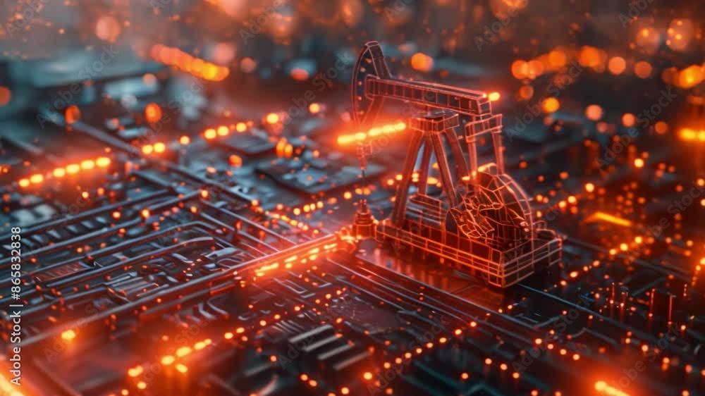 Poster this wireframe oil derrick on a circuit board with glowing lights.