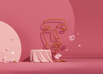 3D podium displayed on pink background. Line art, golden woman head with pastel pedestal for beauty products, natural cosmetics presentation. Sakura pink flower falling.