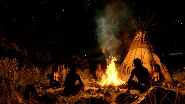 ancient man or cave man surrounding a bonfire at night video stock looping 4k
