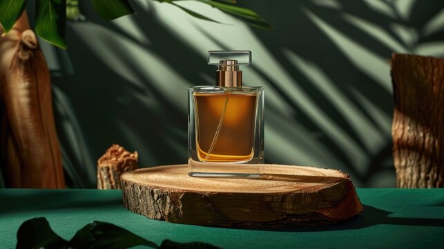Male cologne bottle on podium with wood piece and green craft paper background concept for men s fragrance