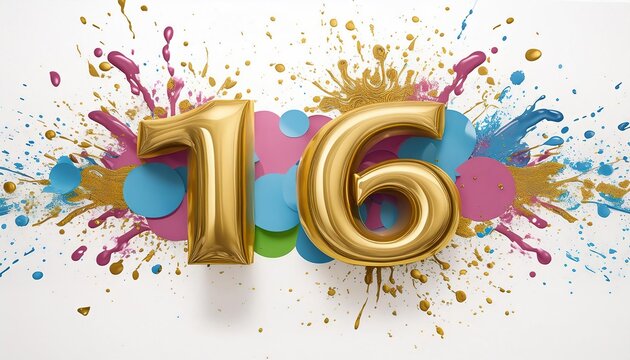 Golden 16th Birthday Celebration Balloon on Colorful Paint Splatter Background