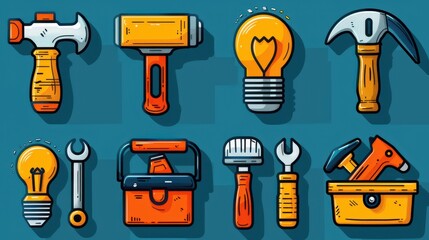 Colorful Illustrated Tools and Equipment Icons on Blue Background with Copy Space