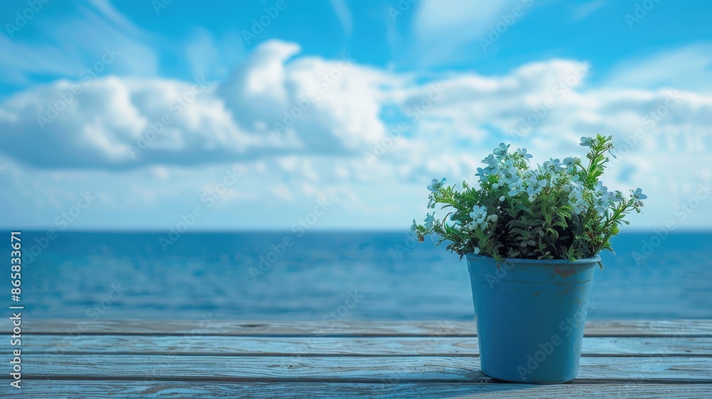 Poster green potted plants on table ocean view with sky and clouds with space for text emotions sadness sol