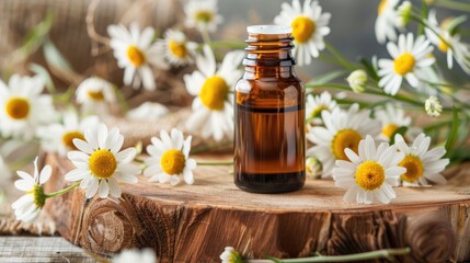 Chamomile essential oil in glass bottle with flowers on wooden board