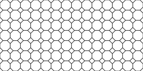 Geometric seamless background with lines, rhombuses, octagons. Black and white abstract pattern.