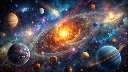 Vibrant celestial bodies against a deep black background, showcasing stunning nebulae, star clusters, and distant galaxies in high-resolution detail.