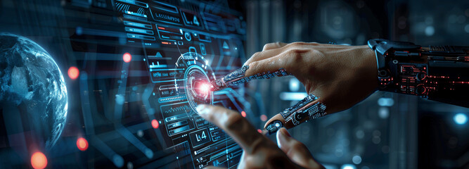 AI Machine Learning Robot and Human Collaboration on Big Data Network, Data Exchange, Deep Learning, Science, Innovation, Futuristic Artificial Intelligence Technology