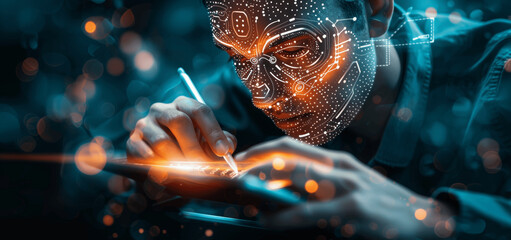 AI technology in business using tablets with virtual icons and holograms for data processing decision-making innovation automation and competitiveness in future technology