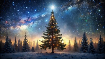 Majestic dark forest silhouette backdrop with intricately decorated vintage Christmas tree standing alone under a starry night sky landscape.