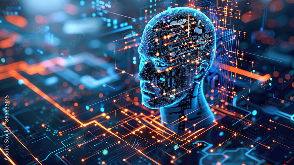 Poster digital background featuring an ai head with glowing lines and light effects