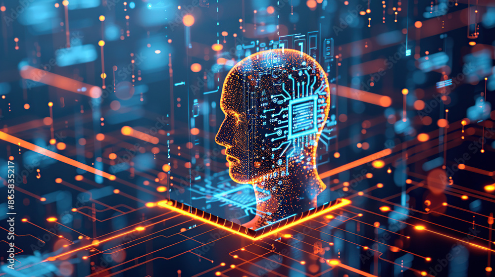 Poster digital background featuring an ai head with glowing lines and light effects