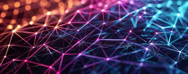 Fototapeta premium A futuristic web of digital connections with vibrant lines and nodes, highlighting the intricate design of a hightech network, SciFi, Neon colors, Digital art