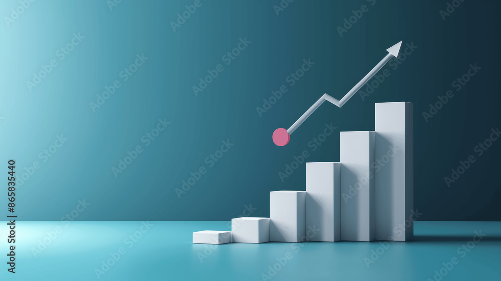 Poster 3d rendering of rising bar graph with arrow on blue background, minimalist high resolution photograp