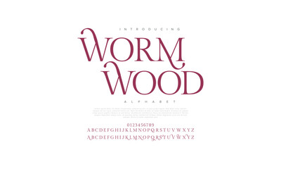 Wormwood premium luxury elegant alphabet letters and numbers. Vintage wedding typography classic serif font decorative vintage retro. creative vector illustration