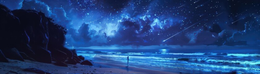 Fototapeta premium A serene beach at night with bioluminescent waves and a sky full of shooting stars, providing a peaceful and awestruck feeling in a dreamlike and glowing nighttime scene