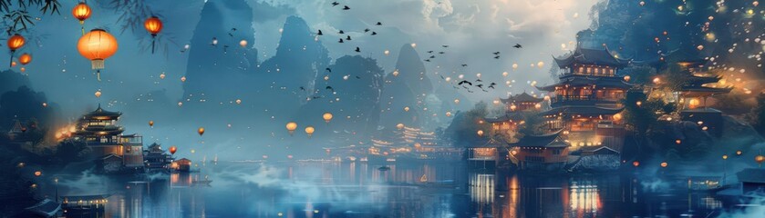 Obraz premium A serene coastal village at night with glowing lanterns floating in the sky