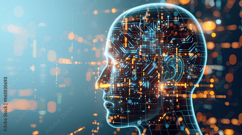 Poster digital background featuring an ai head with glowing lines and light effects
