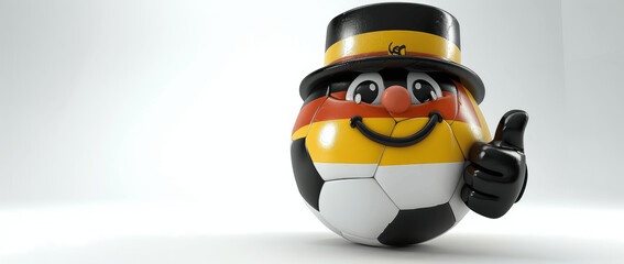 Obraz premium 3D Cartoon Soccer Ball Character with German Flag and Black Yellow Top Hat Thumbs Up High Detail Ultra Realistic Photo EM 2024