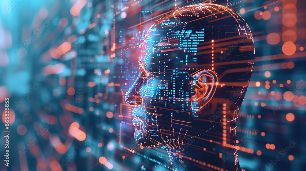 Poster digital background featuring an ai head with glowing lines and light effects