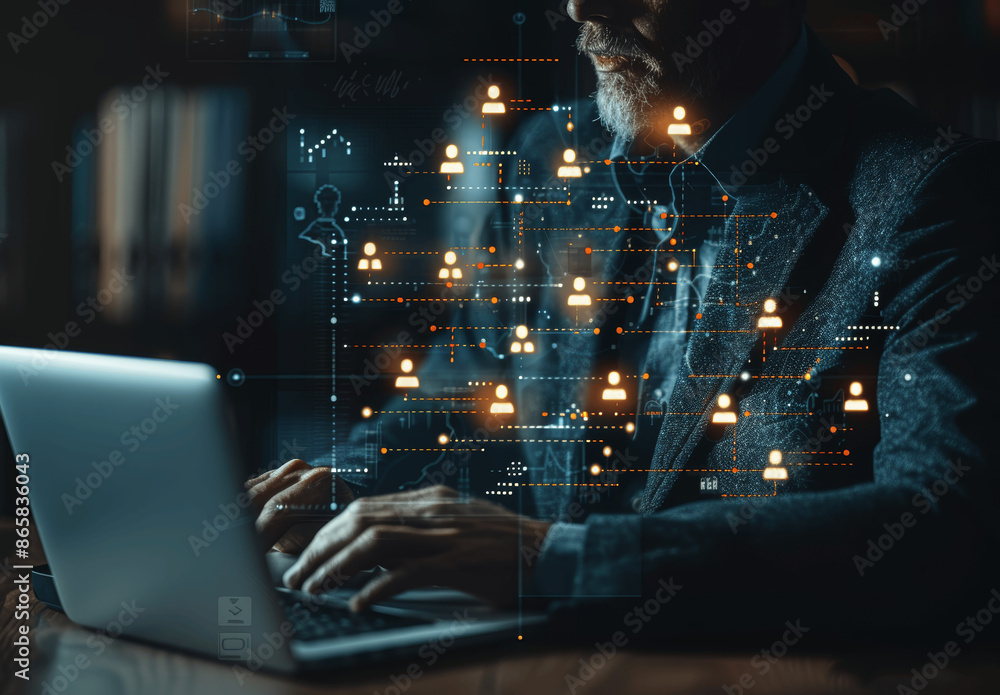 Poster businessman using laptop with organization structure and workflow automation for team management and