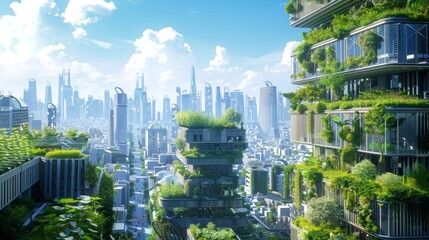 Obraz premium A futuristic cityscape where vertical farms and rooftop gardens are part of every building.