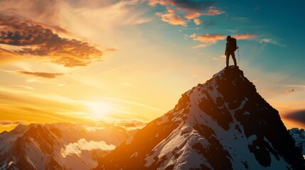 A hiker stands triumphantly at the mountain peak during a breathtaking sunrise, capturing the essence of adventure and natural beauty.