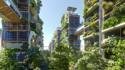 Fototapeta premium A futuristic urban park with vertical gardens and solar panels integrated into every structure.