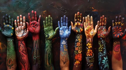 Multicultural hands of diverse group holding together in unity, cultural diversity and inclusion concept


