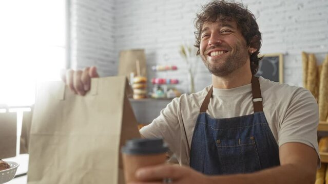Young man holding a paper bag and a coffee in a bakery shop with various breads and pastries in the background