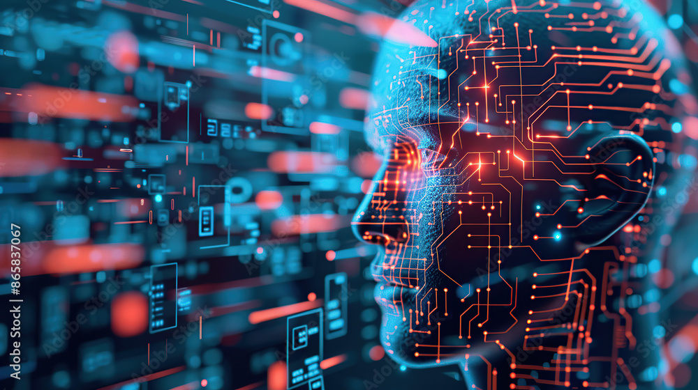 Poster digital background featuring an ai head with glowing lines and light effects