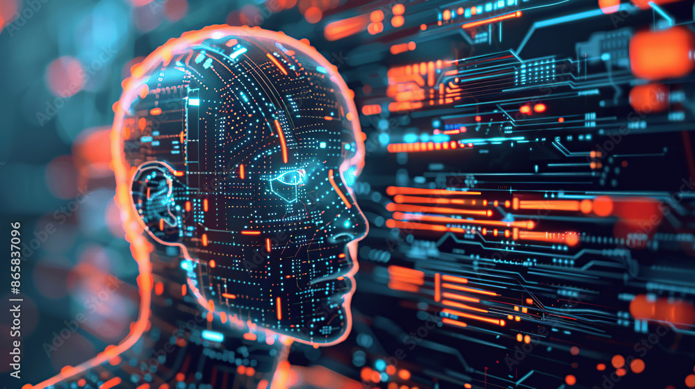 Poster digital background featuring an ai head with glowing lines and light effects