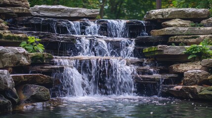 Obraz premium A gentle waterfall flowing over a series of terraced rocks, creating a peaceful, multi-layered cascade