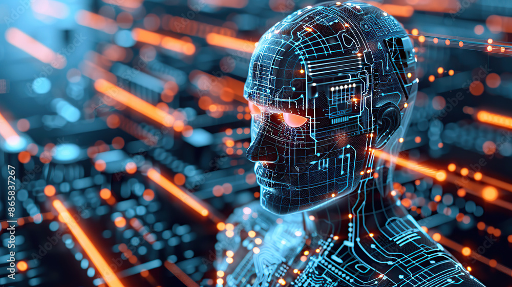 Poster digital background featuring an ai head with glowing lines and light effects