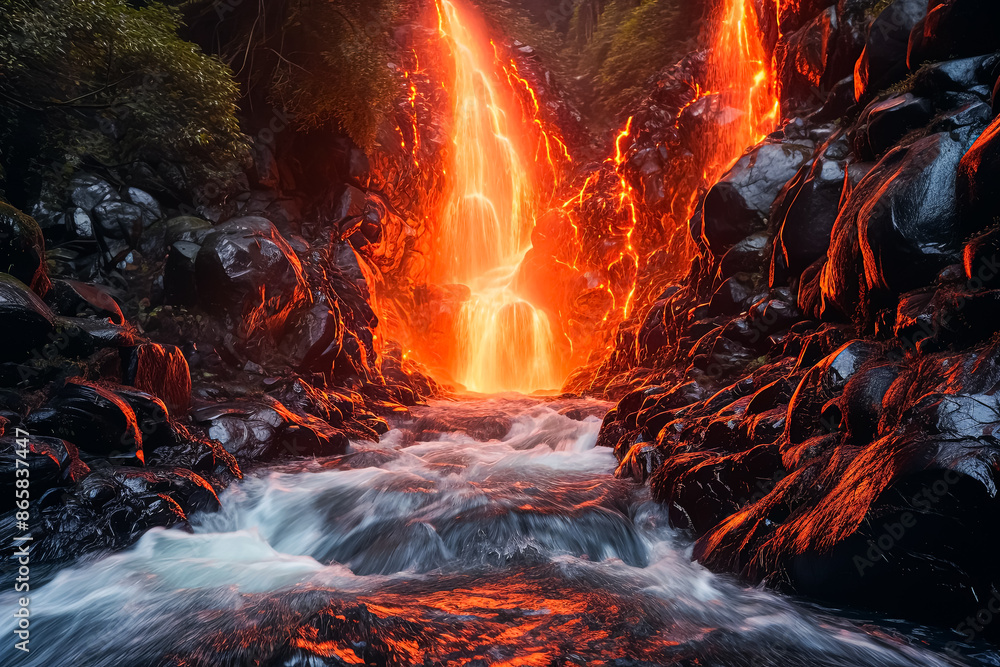 Poster lava from a volcano flows over a waterfall and solidifies
