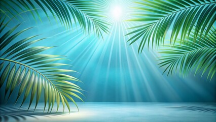 Fototapeta na wymiar Soft Focus Light Blue Studio Background featuring Shadow of Palm Leaves and Sun Rays for Product Presentation Spring Summer