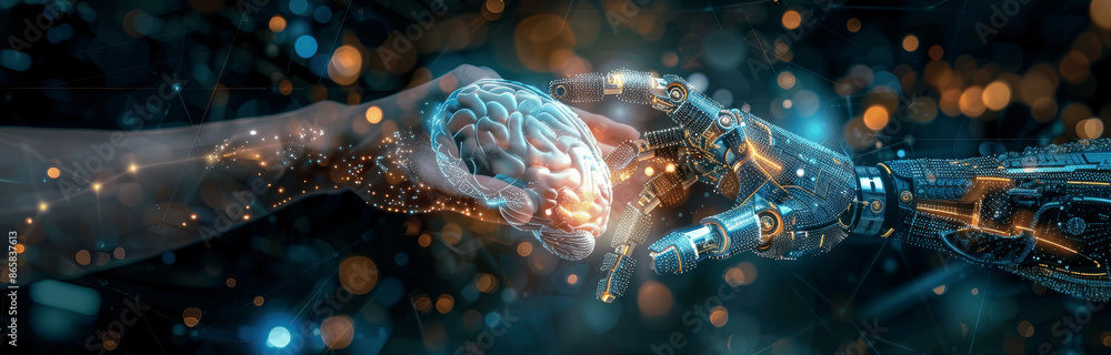 Poster ai and machine learning with human and robot hands touching digital brain hologram, futuristic techn