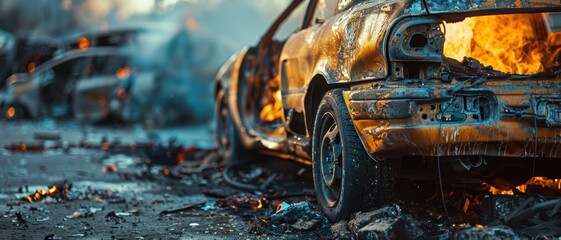Fototapeta premium Burnt-out car frame after a vehicle fire, charred remains and broken glass