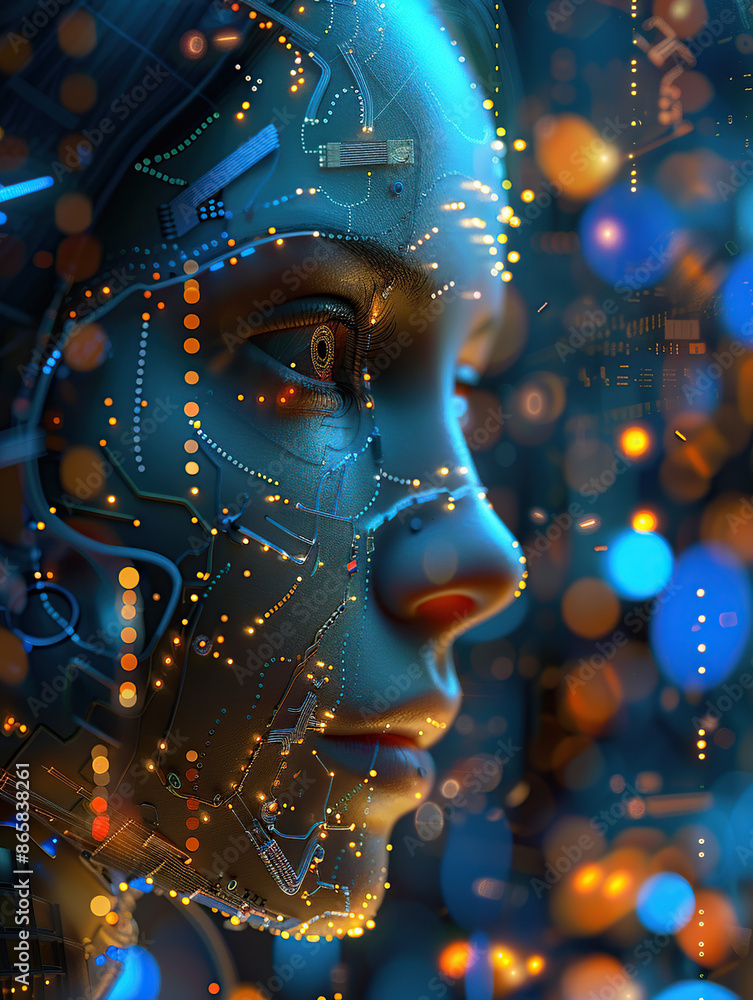 Aufkleber artificial intelligence, close-up of the face of an ai robot woman made up with circuitry and microc