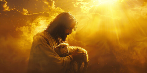 Jesus Holding Lamb in Golden Light Backlit with Yellow Fog