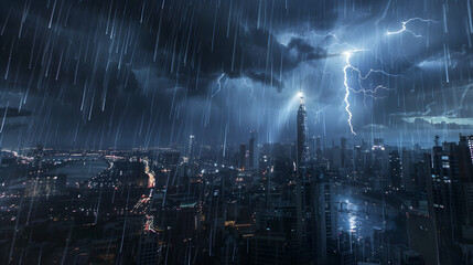 Rainstorm weather，lightning over the city