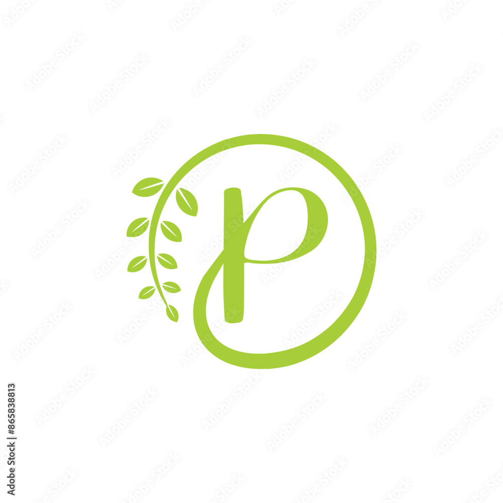 Sticker Letter P With Leaf Logo Vector 005