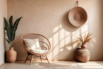 Empty beige wall mockup in boho room interior with wicker armchair and vase. Natural daylight from a window. Promotion background.