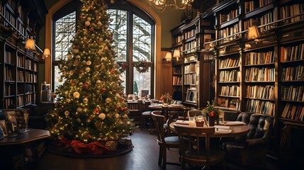 Fototapeta premium Christmas tree adorned with lights and ornaments in the University of Chicago library.