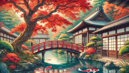 A charming Japanese garden in autumn, featuring maple tree arching over a koi pond and wooden bridge