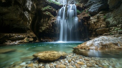 Fototapeta premium A hidden waterfall in a rocky gorge, with crystal-clear water flowing over smooth stones