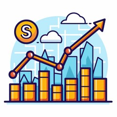 Colorful financial growth chart with rising bars and arrow, representing business success and economic progress in modern cityscape.