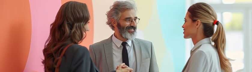 Business professionals having a casual conversation in a modern office setting, against a colorful backdrop, promoting teamwork and collaboration.