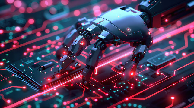 Artificial intelligence concept Close up of a robot hand touching a digital circuit board